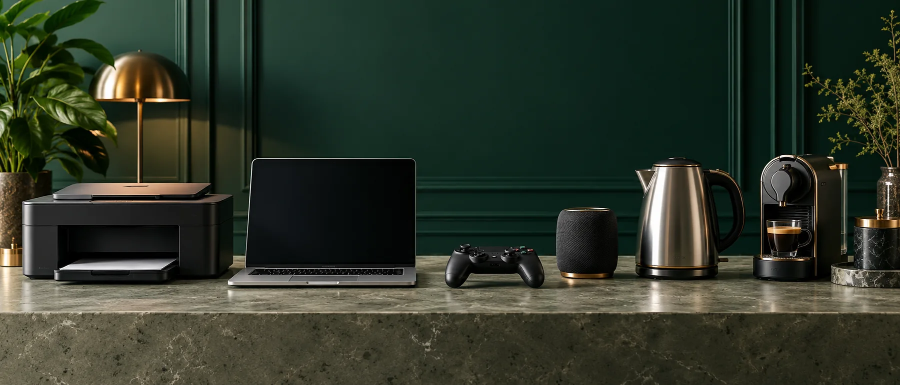 Office equipment, electronics and small appliances across a studio table