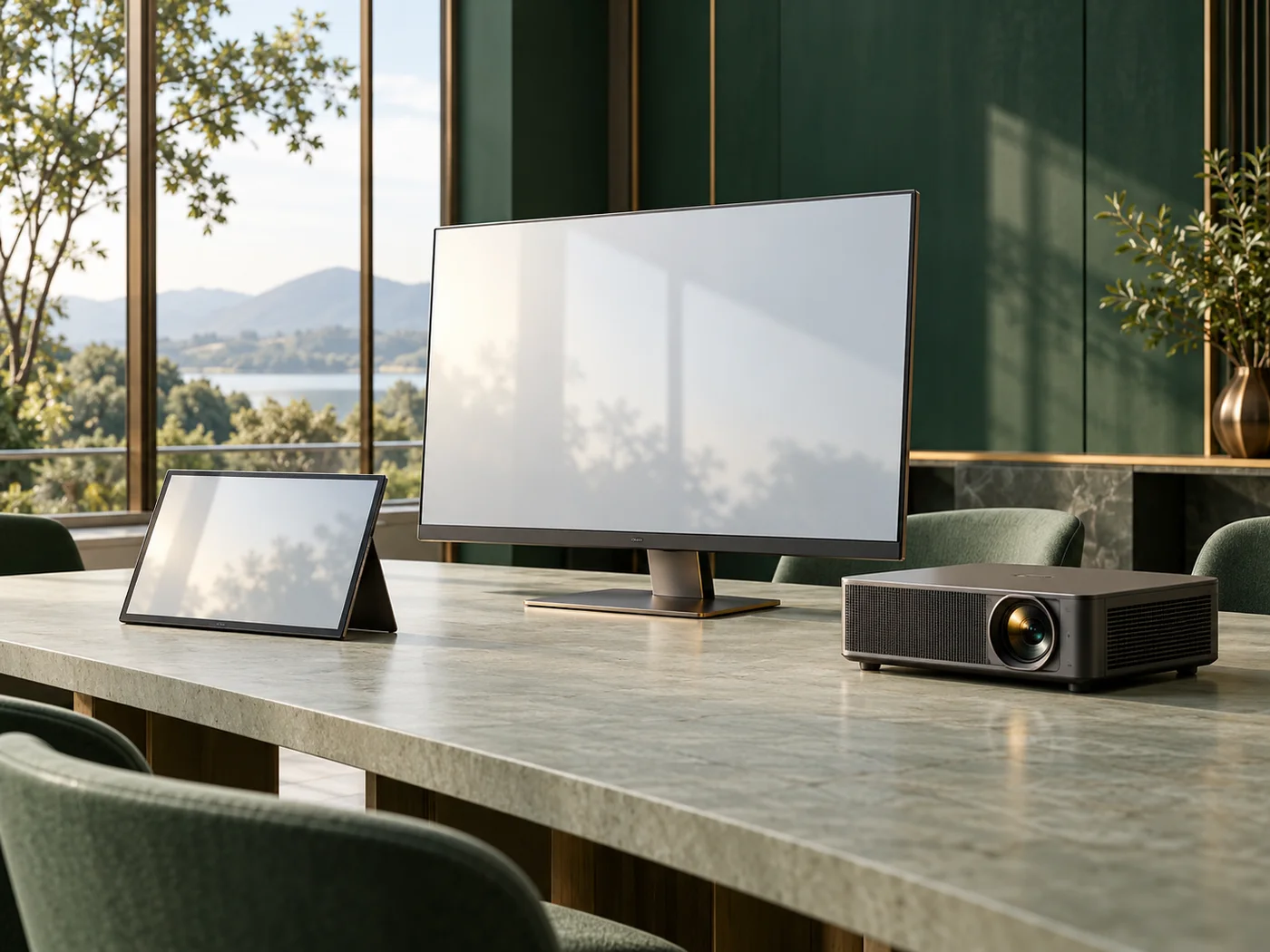 A large monitor, portable display and projector in a presentation room