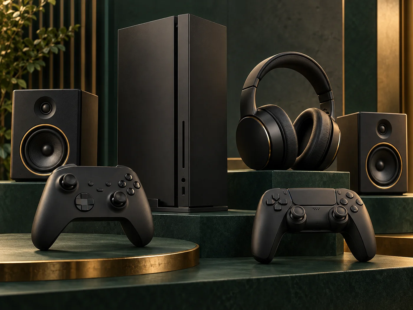 A gaming console, wireless controllers, headphones and speakers