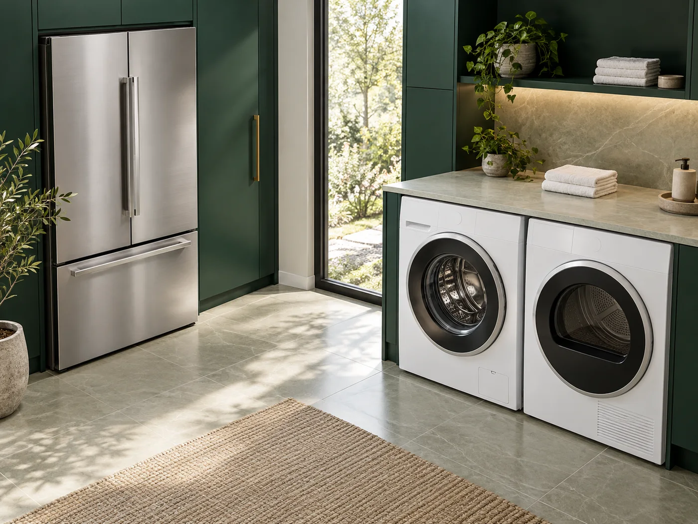A refrigerator, washing machine and dryer in a utility room
