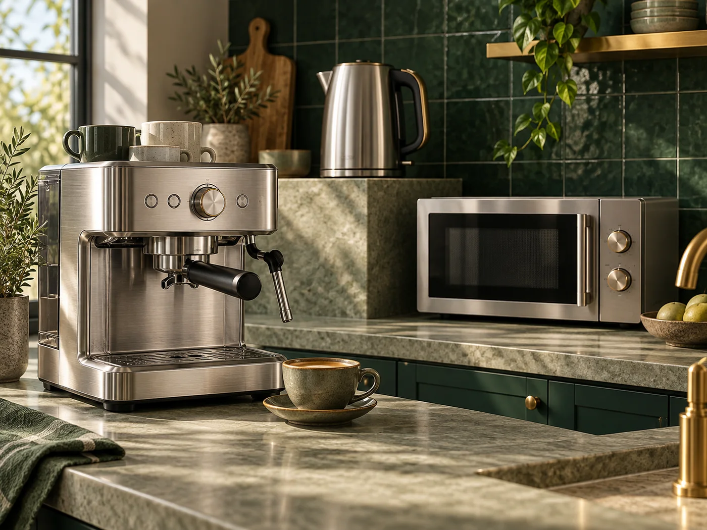 An espresso machine, electric kettle and microwave on kitchen surfaces