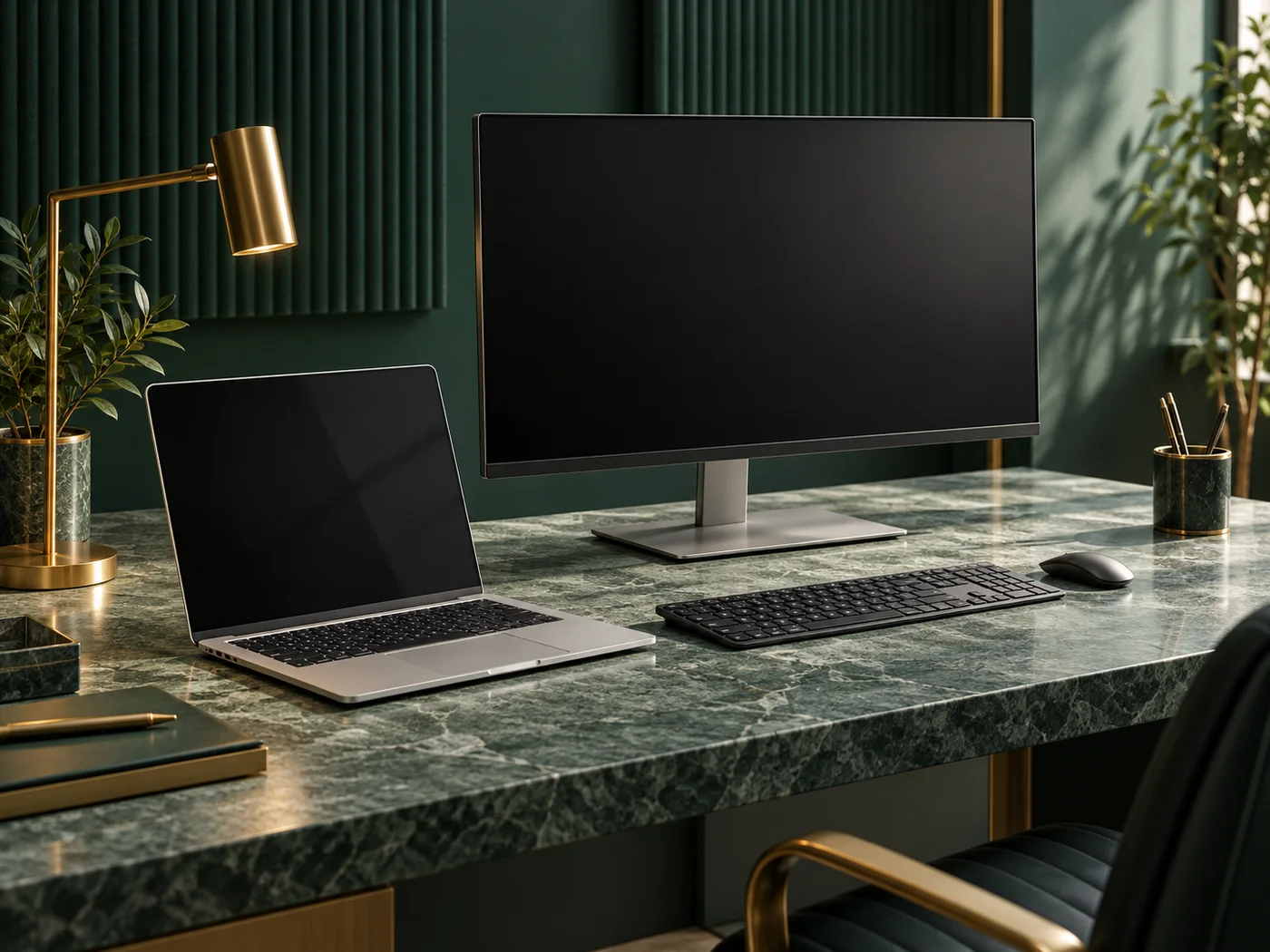 A silver laptop, desktop monitor and keyboard on a sage stone desk