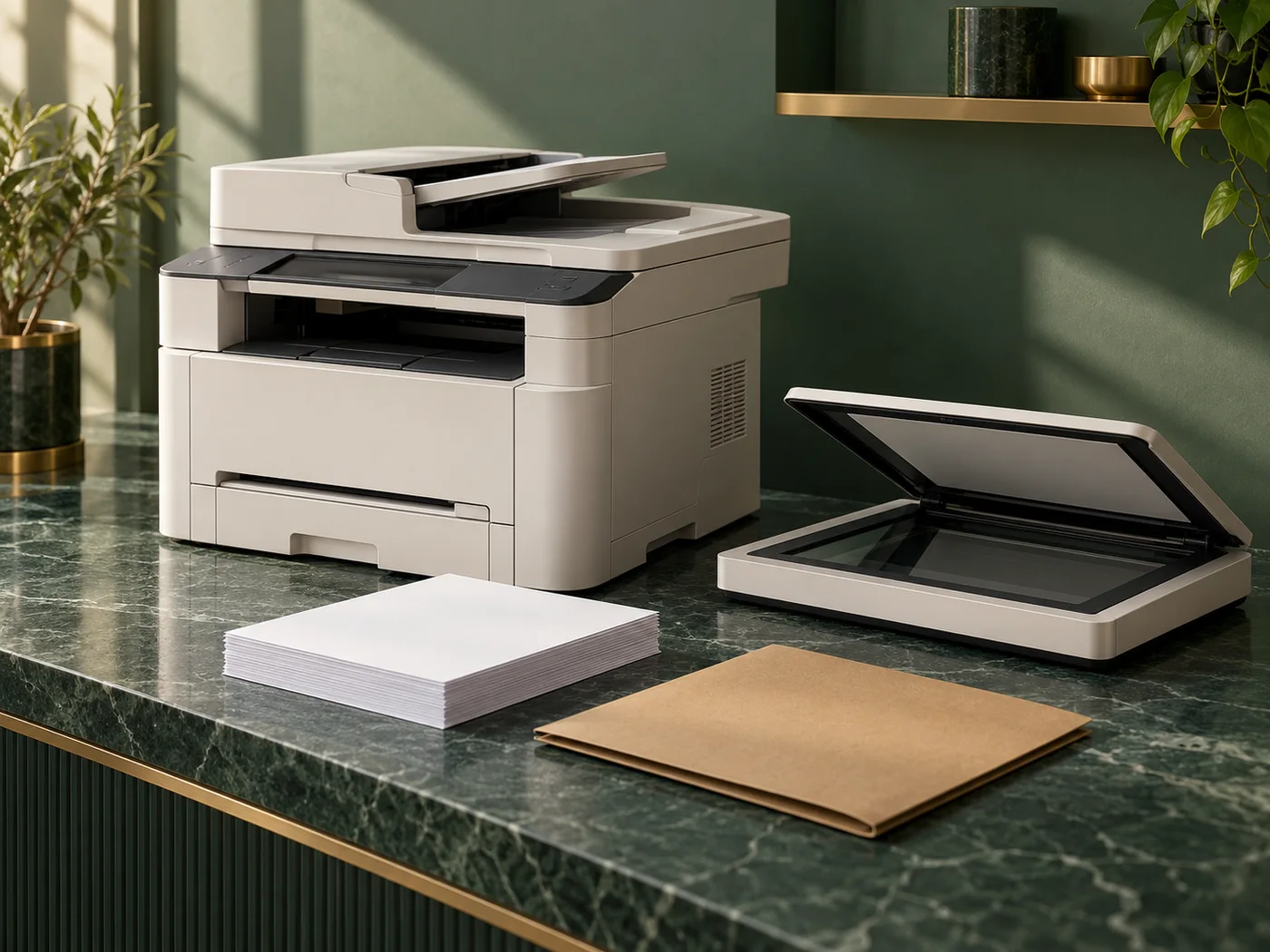 An ivory multifunction printer and flatbed scanner with blank paper