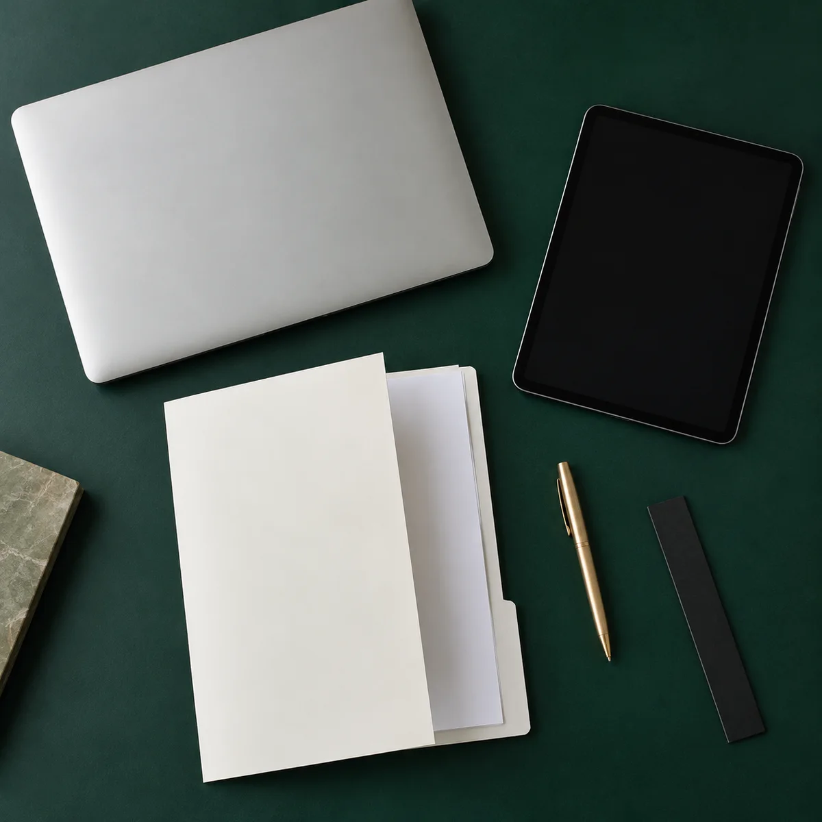 A laptop, blank product folder and tablet arranged on a sourcing desk